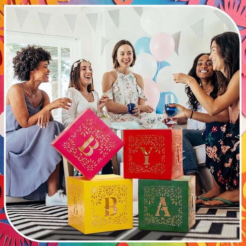 AmazingSpark 4 Pcs Mexican Baby Shower Party Decorations Mexican Papel Picado Baby Boxes with Letters Fiesta Taco Bout Blocks Boxes Decor for Gender Reveal Birthday Fiesta Photo Props in Kuwait
