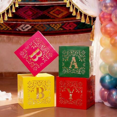 AmazingSpark 4 Pcs Mexican Baby Shower Party Decorations Mexican Papel Picado Baby Boxes with Letters Fiesta Taco Bout Blocks Boxes Decor for Gender Reveal Birthday Fiesta Photo Props in Kuwait