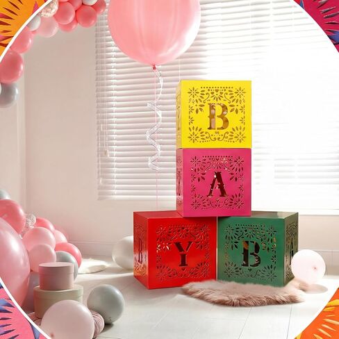 AmazingSpark 4 Pcs Mexican Baby Shower Party Decorations Mexican Papel Picado Baby Boxes with Letters Fiesta Taco Bout Blocks Boxes Decor for Gender Reveal Birthday Fiesta Photo Props in Kuwait