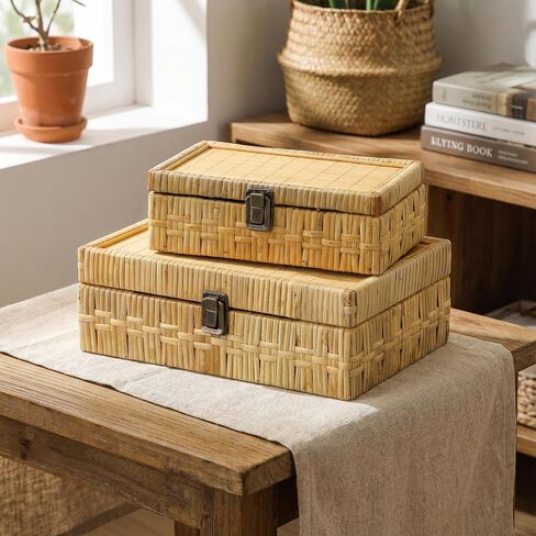 SOFE Rectangular Rattan Box with Lid Set of 2 - Boho Decorative Basket for Shelf Bathroom Storage - Woven Bins Organizer for Jewelry, Snacks, Toys, Keys in Saudi Arabia