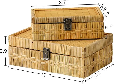 SOFE Rectangular Rattan Box with Lid Set of 2 - Boho Decorative Basket for Shelf Bathroom Storage - Woven Bins Organizer for Jewelry, Snacks, Toys, Keys in Saudi Arabia