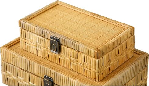 SOFE Rectangular Rattan Box with Lid Set of 2 - Boho Decorative Basket for Shelf Bathroom Storage - Woven Bins Organizer for Jewelry, Snacks, Toys, Keys in Saudi Arabia