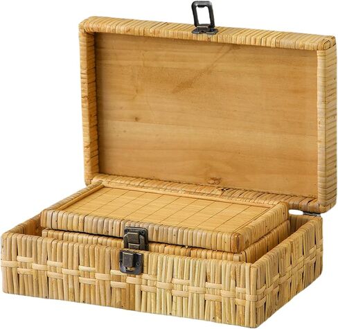 SOFE Rectangular Rattan Box with Lid Set of 2 - Boho Decorative Basket for Shelf Bathroom Storage - Woven Bins Organizer for Jewelry, Snacks, Toys, Keys in Saudi Arabia