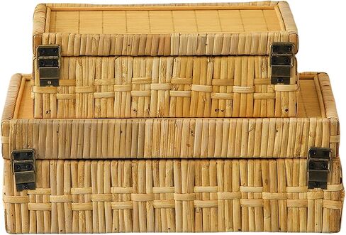 SOFE Rectangular Rattan Box with Lid Set of 2 - Boho Decorative Basket for Shelf Bathroom Storage - Woven Bins Organizer for Jewelry, Snacks, Toys, Keys in Saudi Arabia