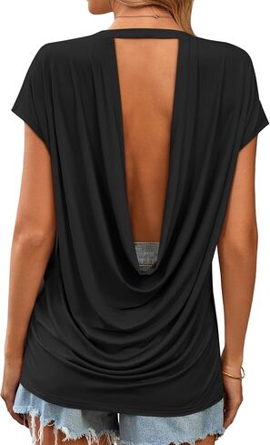 LilyCoco Womens Backless Shirt Draped Cowl Back Top Summer Sexy Open Back Blouse in Saudi Arabia
