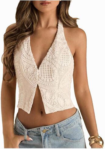 RoseSeek Women's Floral Embroidered Halter Top V Neck Backless Crop Tops Elegant Tops in Kuwait