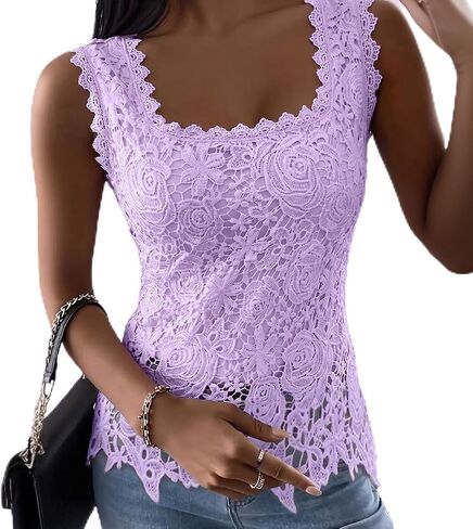 Womens Lace Tank Top Sleeveless Square Neck Crochet Floral Blouse in Saudi Arabia
