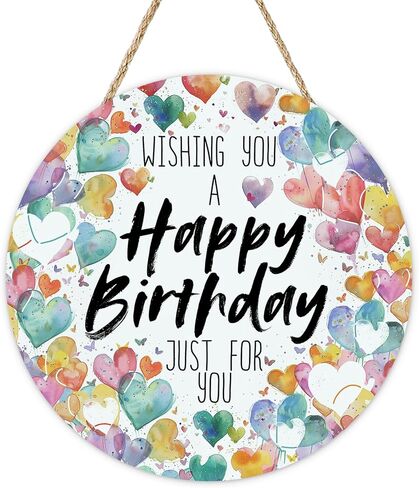Happy Birthday Front Door Sign, Watercolor Love Hearts Wood Greeting Plaque Hanger Outdoor Outside Porch Home Decor, Celebration Party Wooden Wreath Indoor Wall Hanging Decoration Gifts in Kuwait