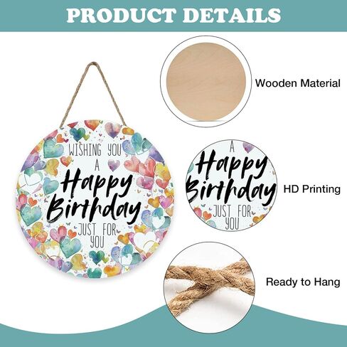 Happy Birthday Front Door Sign, Watercolor Love Hearts Wood Greeting Plaque Hanger Outdoor Outside Porch Home Decor, Celebration Party Wooden Wreath Indoor Wall Hanging Decoration Gifts in Kuwait