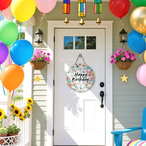 Happy Birthday Front Door Sign, Watercolor Love Hearts Wood Greeting Plaque Hanger Outdoor Outside Porch Home Decor, Celebration Party Wooden Wreath Indoor Wall Hanging Decoration Gifts in Kuwait