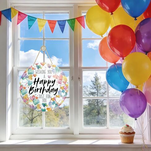Happy Birthday Front Door Sign, Watercolor Love Hearts Wood Greeting Plaque Hanger Outdoor Outside Porch Home Decor, Celebration Party Wooden Wreath Indoor Wall Hanging Decoration Gifts in Kuwait
