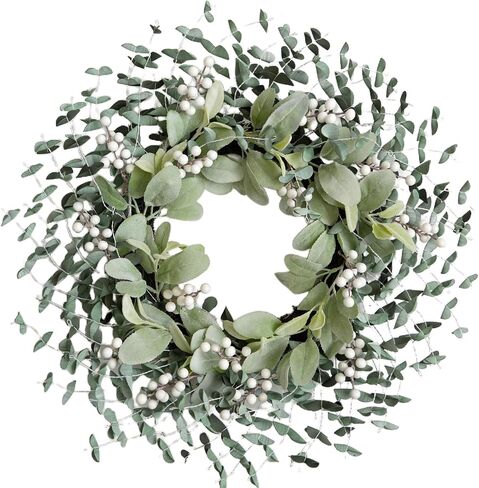 Greenery Leaves Boxwood Wreath for Front Door, 22 Inch Green Wreath with White Berries & Lambs Ear, All Season Wreaths for Indoor Outdoor Home Decor in Saudi Arabia
