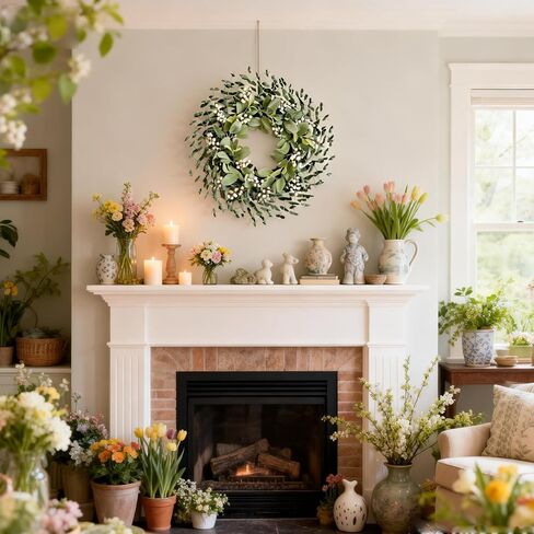 Greenery Leaves Boxwood Wreath for Front Door, 22 Inch Green Wreath with White Berries & Lambs Ear, All Season Wreaths for Indoor Outdoor Home Decor in Saudi Arabia