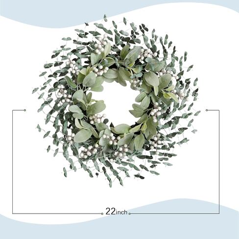 Greenery Leaves Boxwood Wreath for Front Door, 22 Inch Green Wreath with White Berries & Lambs Ear, All Season Wreaths for Indoor Outdoor Home Decor in Saudi Arabia
