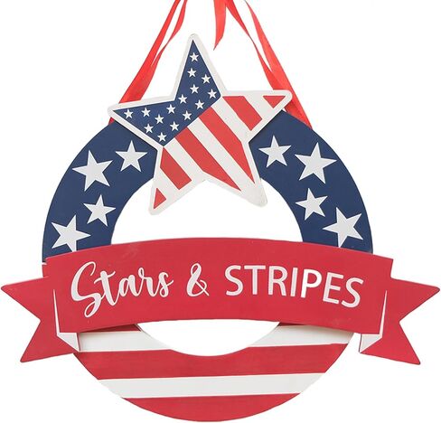 12 Inch Patriotic Wooden Sign, Red White and Blue Front Door Decor, 4th of July Decorations with Star Accents, American USA Patriotic Hanging Board for Home Decor in Saudi Arabia