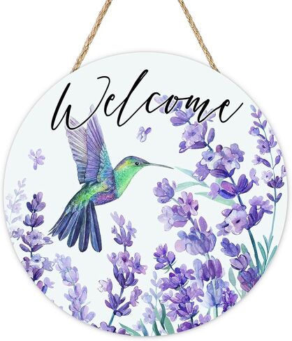 Welcome Spring Summer Hummingbird Floral Front Door Sign, Watercolor Purple Lavender Flower Wood Plaque Hanger Outdoor Porch Home Decor, Farmhouse Wooden Wreath Indoor Wall Hanging Decoration in Kuwait
