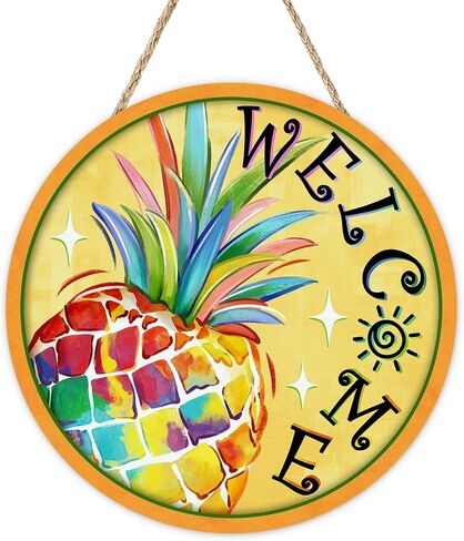 Welcome Summer Pineapple Front Door Sign, Yellow Tropical Fruit Sun Wood Plaque Hanger Outdoor Outside Porch Home Decor, Wooden Wreath Indoor Wall Hanging Decoration in Kuwait