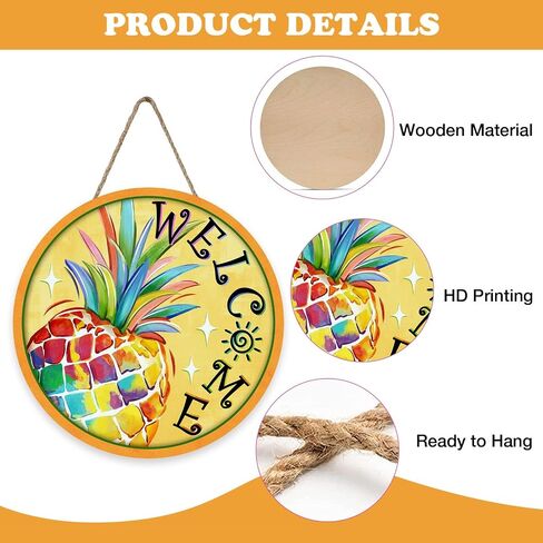 Welcome Summer Pineapple Front Door Sign, Yellow Tropical Fruit Sun Wood Plaque Hanger Outdoor Outside Porch Home Decor, Wooden Wreath Indoor Wall Hanging Decoration in Kuwait