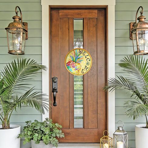 Welcome Summer Pineapple Front Door Sign, Yellow Tropical Fruit Sun Wood Plaque Hanger Outdoor Outside Porch Home Decor, Wooden Wreath Indoor Wall Hanging Decoration in Kuwait