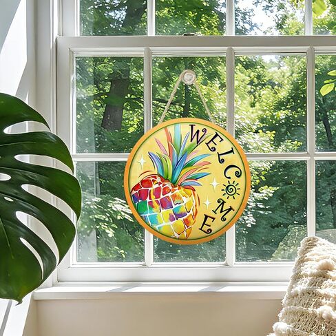 Welcome Summer Pineapple Front Door Sign, Yellow Tropical Fruit Sun Wood Plaque Hanger Outdoor Outside Porch Home Decor, Wooden Wreath Indoor Wall Hanging Decoration in Kuwait