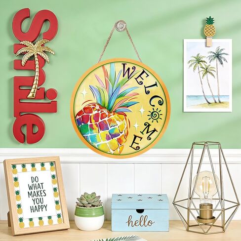 Welcome Summer Pineapple Front Door Sign, Yellow Tropical Fruit Sun Wood Plaque Hanger Outdoor Outside Porch Home Decor, Wooden Wreath Indoor Wall Hanging Decoration in Kuwait