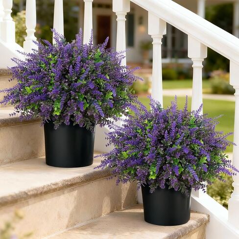 2 Sets Artificial Eucalyptus & Lavender Topiary Trees for Front Door - Faux Lavender Potted Topiary Trees, UV Resistant Fake Outdoor Plants for Farmhouse Porch Garden Decor in Saudi Arabia