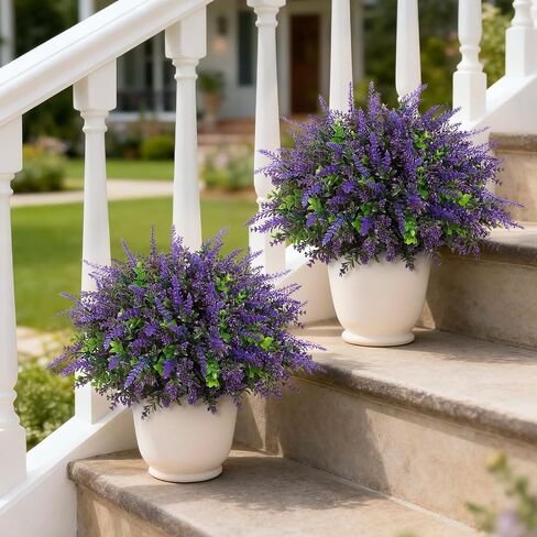2 Sets Artificial Eucalyptus & Lavender Topiary Trees for Front Door - Faux Lavender Potted Topiary Trees, UV Resistant Fake Outdoor Plants for Farmhouse Porch Garden Decor in Saudi Arabia