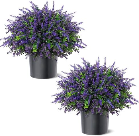 2 Sets Artificial Eucalyptus & Lavender Topiary Trees for Front Door - Faux Lavender Potted Topiary Trees, UV Resistant Fake Outdoor Plants for Farmhouse Porch Garden Decor in Saudi Arabia