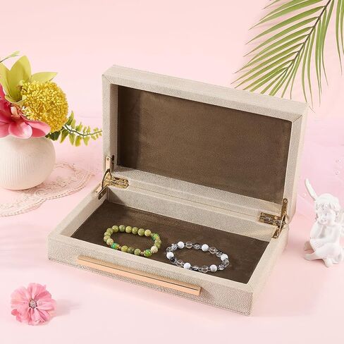 CREATCABIN Ivory Shagreen Decorative Boxes for Keepsake Memory Small Faux Leather Storage Boxes with Gold Metal Handle Lids Wood Jewelry Organizer Box for Photo Modern Home Decor 10x6x2.6Inch in Saudi Arabia