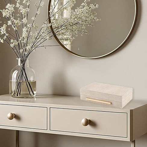 CREATCABIN Ivory Shagreen Decorative Boxes for Keepsake Memory Small Faux Leather Storage Boxes with Gold Metal Handle Lids Wood Jewelry Organizer Box for Photo Modern Home Decor 10x6x2.6Inch in Saudi Arabia