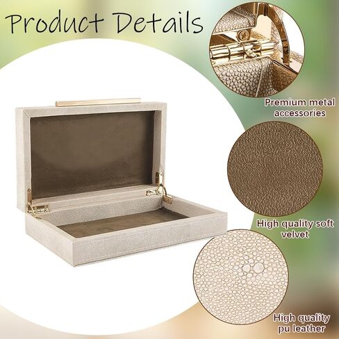 CREATCABIN Ivory Shagreen Decorative Boxes for Keepsake Memory Small Faux Leather Storage Boxes with Gold Metal Handle Lids Wood Jewelry Organizer Box for Photo Modern Home Decor 10x6x2.6Inch in Saudi Arabia
