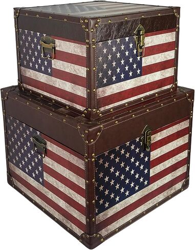 DreamsEden Large American Flag Storage Chests Set of 2, Nesting Wooden Trunk Box for Blankets, Patriotic Home Decor, Living Room Organization, 19.2’’L & 16.1’’L in Kuwait