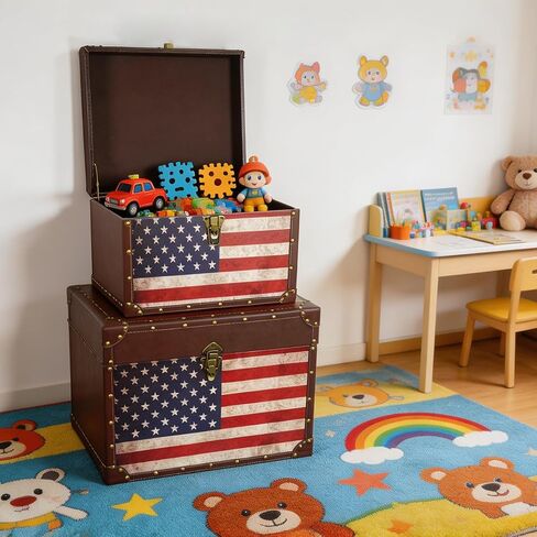 DreamsEden Large American Flag Storage Chests Set of 2, Nesting Wooden Trunk Box for Blankets, Patriotic Home Decor, Living Room Organization, 19.2’’L & 16.1’’L in Kuwait