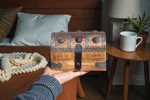 T one woods Wooden treasure chest box (Free lock included) | treasure chest for kids prizes | vintage keepsake box for table décor | pirate accessories | gift for kids (small) in Kuwait