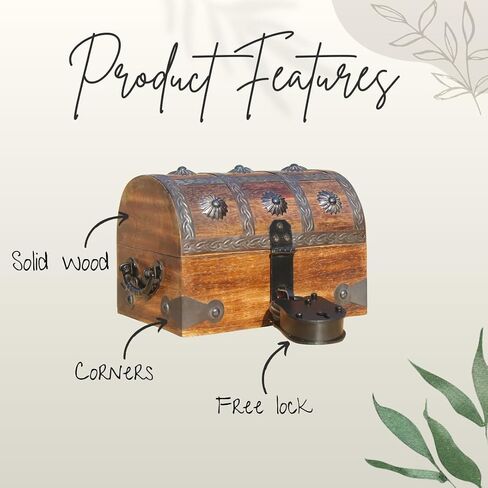 T one woods Wooden treasure chest box (Free lock included) | treasure chest for kids prizes | vintage keepsake box for table décor | pirate accessories | gift for kids (small) in Kuwait