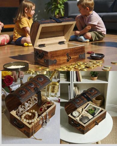 T one woods Wooden treasure chest box (Free lock included) | treasure chest for kids prizes | vintage keepsake box for table décor | pirate accessories | gift for kids (small) in Kuwait