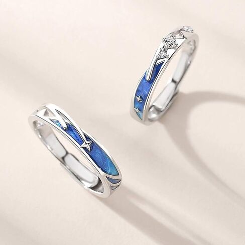 2pieces Lovers Rings Set Adjustable Sea Blue Meteoric Star Couples Rings Band Matching Set for Him and Her Daily Wear in Saudi Arabia