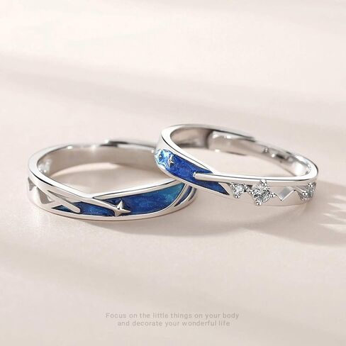 2pieces Lovers Rings Set Adjustable Sea Blue Meteoric Star Couples Rings Band Matching Set for Him and Her Daily Wear in Saudi Arabia