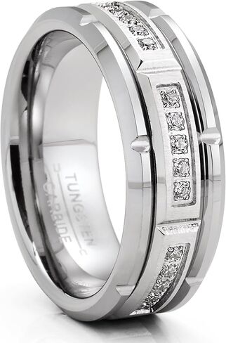 Metal Masters Mens Tungsten Carbide Brick Design Wedding Band Engagement Ring with Cubic Zirconia Comfort-Fit 8MM Silvertone in Saudi Arabia