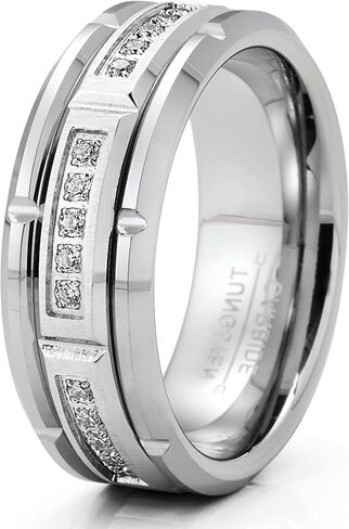 Metal Masters Mens Tungsten Carbide Brick Design Wedding Band Engagement Ring with Cubic Zirconia Comfort-Fit 8MM Silvertone in Saudi Arabia