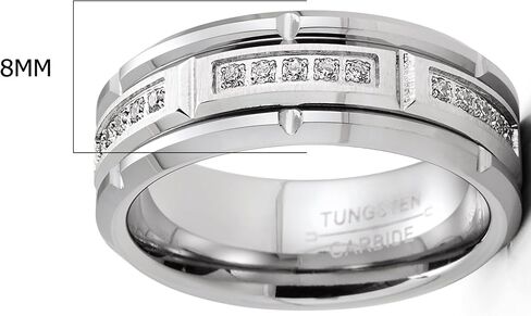 Metal Masters Mens Tungsten Carbide Brick Design Wedding Band Engagement Ring with Cubic Zirconia Comfort-Fit 8MM Silvertone in Saudi Arabia