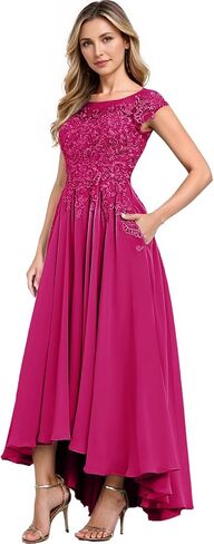 Chiffon Lace Applique Mother of The Bride Dresses A-Line Tea Length Cap Sleeve Wedding Guest Dress with Pockets HX053 in Saudi Arabia
