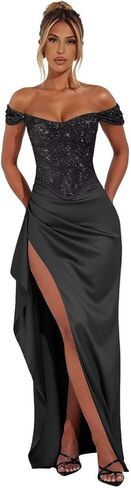 Women's Off Shoulder Sequin Prom Dresses 2026 with Slit Ruffle Long Mermaid Satin Pleated Bodycon Formal Evening Gowns in Saudi Arabia