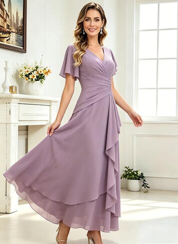 فساتين أم العروس الأنيقة للنساء 2026 بأكمام كشكش شيفون على شكل حرف a فستان سهرة رسمي مزين بالزهور لحفلات الزفاف in Kuwait