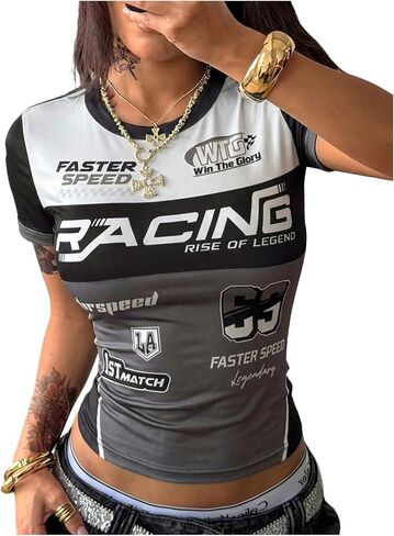 GORGLITTER Women's Race Car Driver Crop Tops Summer Short Sleeve Costume Graphic Racer Shirt Fitted Tops in Kuwait