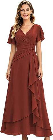 Elegant Mother of the Bride Dresses for Women 2026 Ruffle Sleeve Chiffon A-Line Floral Formal Evening Gown for Wedding in Saudi Arabia