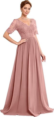 Mother of The Bride Dress for Women Half Sleeves Chiffon A Line Lace Appliques V Neck Formal Evening Party Gowns in Saudi Arabia