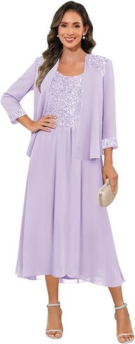 Sequin Mother of The Bride Dresses for Women with Jacket 2 Pieces Tea Length Formal Wedding Guest Dress in Saudi Arabia