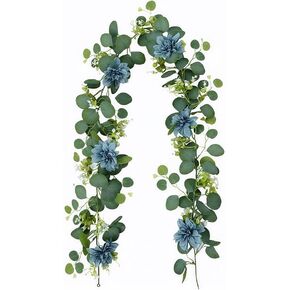 Artificial Eucalyptus Garland with Blue Flowers, 5.9 Ft Faux Greenery Vine for Mantle Wedding Table Decoration, Hanging Green Leaf Swag for Indoor Outdoor in Saudi Arabia