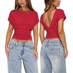 Womens Open Back Tops for Women Ruched Cinched Waist Top Boat Neck Short Sleeve Backless Shirt Summer Going Out Outfits in Saudi Arabia